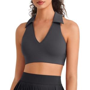 image:imageG4Free BareFeel V Neck Sports Bra for Women  Padded Collared Racerback Tennis Workout Tank TopsDark Gray