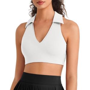 image:imageG4Free BareFeel V Neck Sports Bra for Women  Padded Collared Racerback Tennis Workout Tank TopsPure White