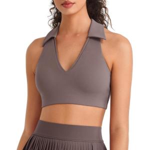image:imageG4Free BareFeel V Neck Sports Bra for Women  Padded Collared Racerback Tennis Workout Tank TopsTaupe
