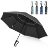 image:imageG4Free 46inch Ring Buckle Umbrella Inverted Design with Carabiner Handle Compact Travel Umbrella with Reflective Strip Automatic Windproof for RainBlack