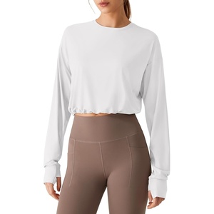 image:imageG4Free Lightbreeze Drawstring Hem UPF 50 Sun Shirts Women  Crop Long Sleeve Workout Tops Quick Dry Running HikingWhite
